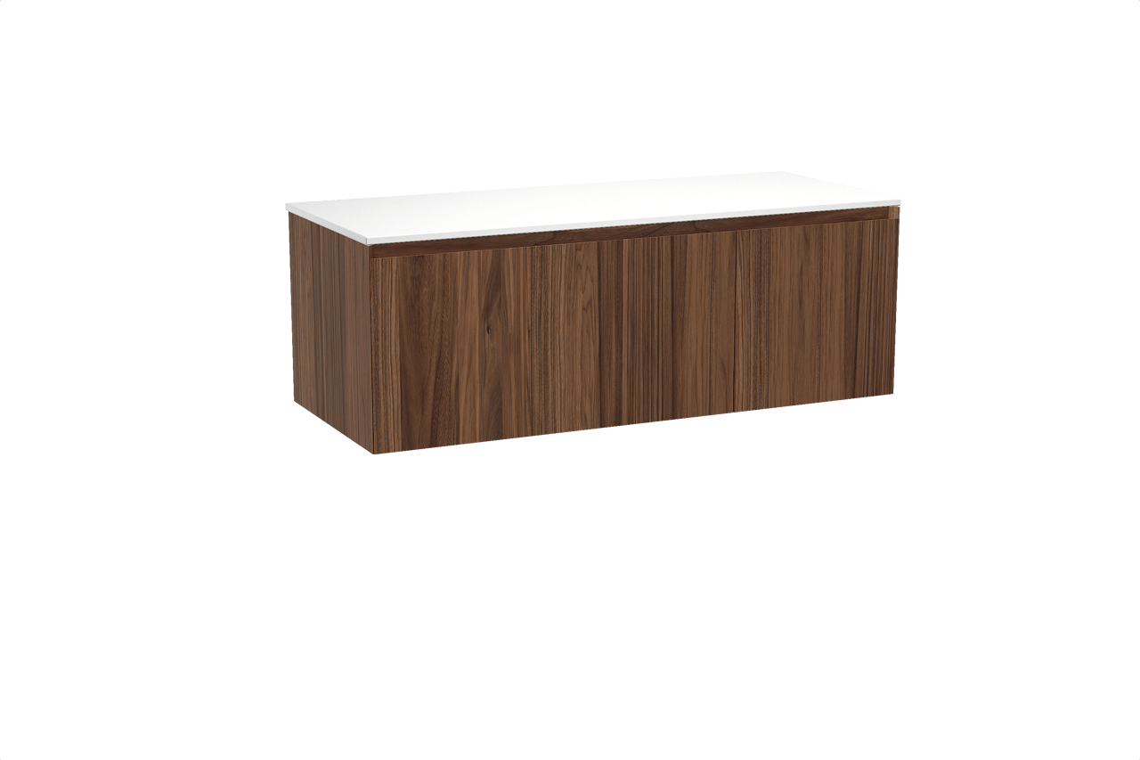 Balmani Idra zwevend badkamermeubel 135 x 55 cm notelaar met Stretto enkel of dubbel tablet in solid surface mat wit