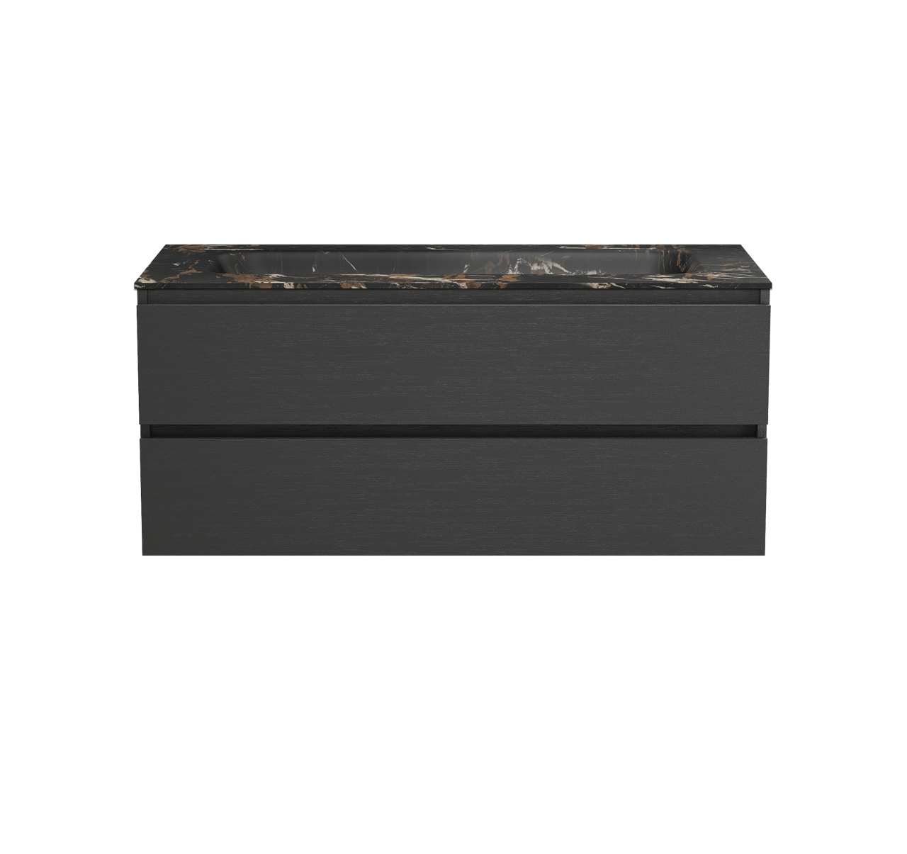 Balmani Lucida hängendes Möbelstück Set: 120 x 55 cm, Schwarze Eiche, mit Tablo Arcato Einzelwaschtisch für 2 Armaturenlöcher, Marmor Portoro Gold