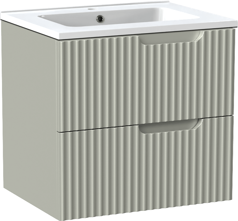 Linie Ribbo meuble salle de bains suspendu 60 x 46 cm greige avec Vano plan simple en marbre composite blanc brillant, Nervure circulaire symétrique verticale