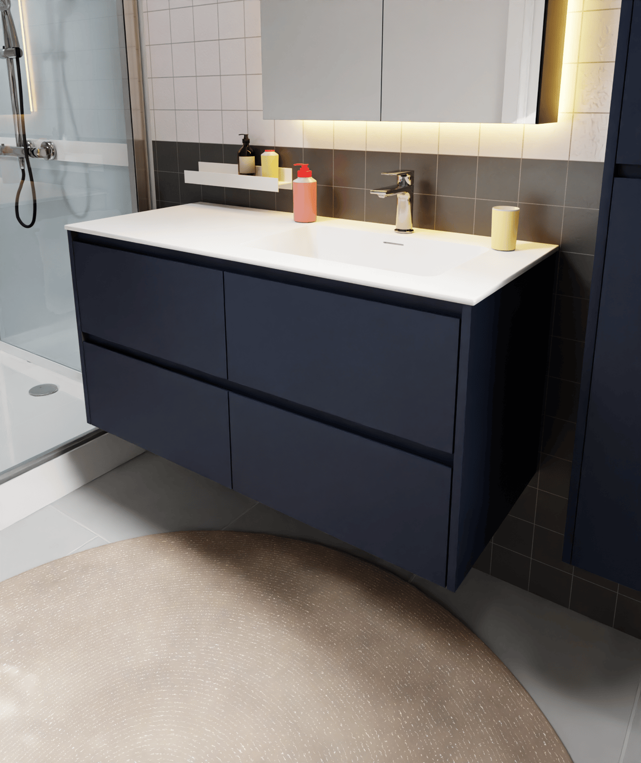 Storke Seda meuble sous-lavabo suspendu 120 x 52 cm bleu nuit 4 tiroirs