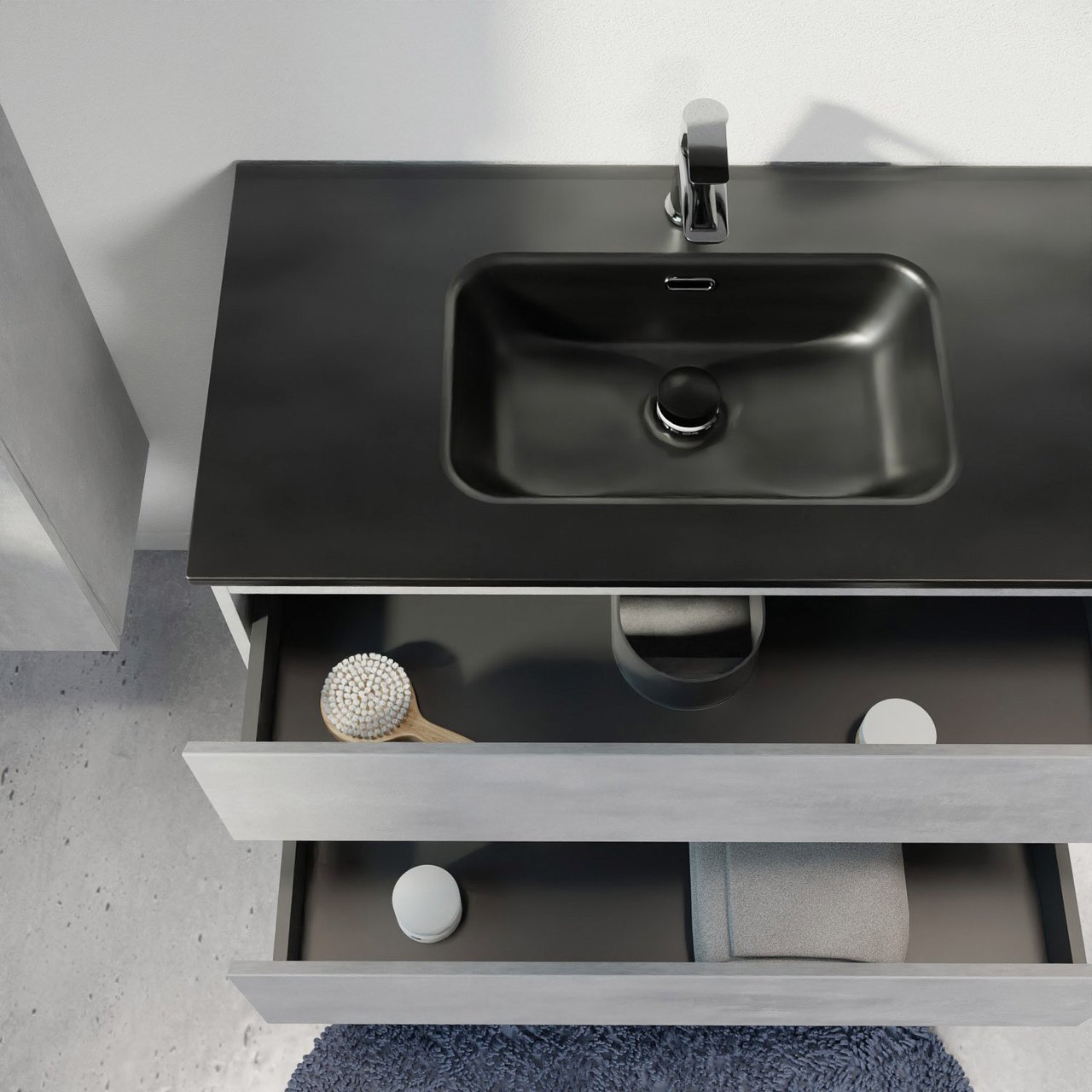 Linie Lado zwevend badmeubel 60 x 46 cm beton donkergrijs met Baro enkele wastafel in porselein mat zwart