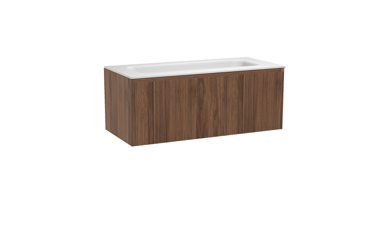 Balmani Fila hängendes Möbelstück Set: 120 x 55 cm, Nussbaum, mit Tablo Arcato Einzelwaschtisch für 2 Armaturenlöcher, Solid Surface, Weiß matt, Vertikale symmetrische gerade Rippe