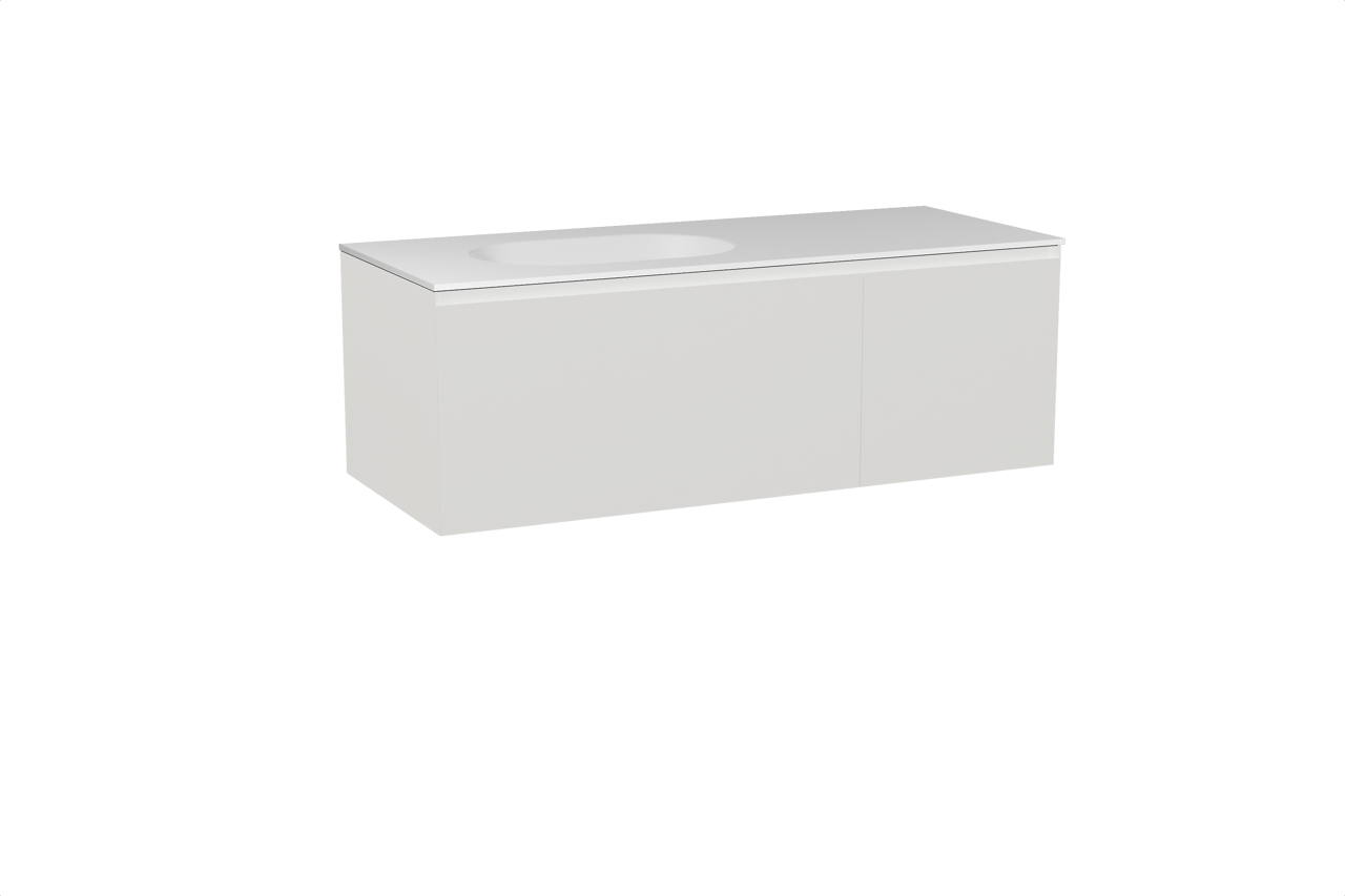 Balmani Idra hängendes Möbelstück Set: 135 x 55 cm, Weiß matt, mit Tablo Oval Waschtisch links, Solid Surface Weiß matt