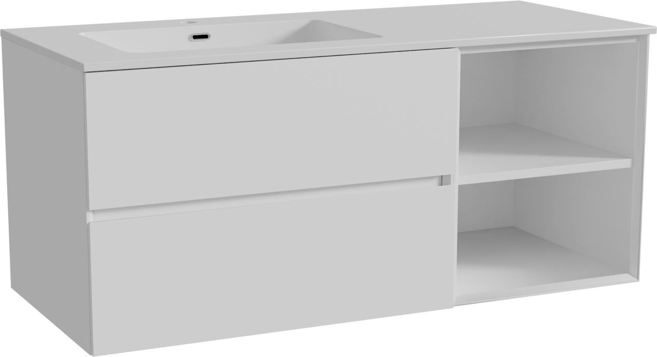 Storke Edge meuble salle de bains suspendu 120 x 52 cm blanc mat avec Diva plan vasque asymétrique à gauche en marbre composite blanc brillant