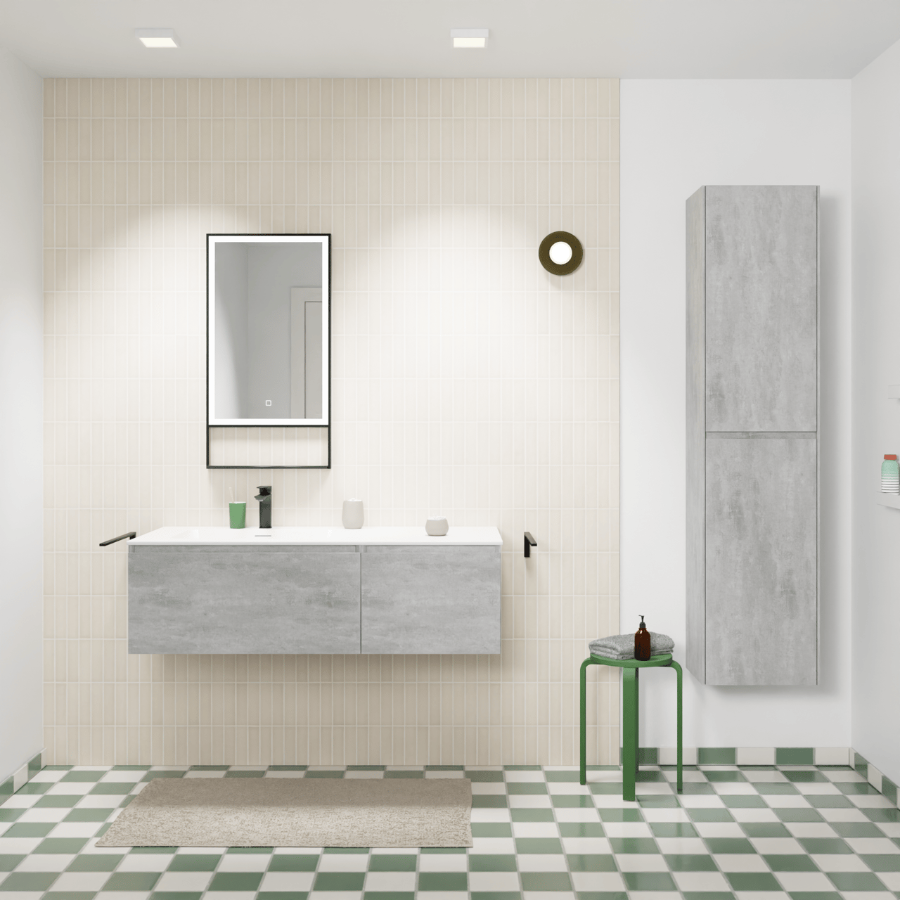 Storke Edge meuble salle de bains suspendu 120 x 52 cm béton gris foncé avec Mata plan vasque asymétrique à gauche en solid surface blanc mat