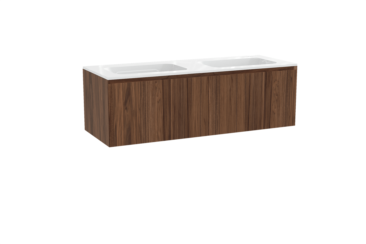 Balmani Idra zwevend badkamermeubel 150 x 55 cm notelaar met Tablo Strada dubbele wastafel in composietmarmer glanzend wit