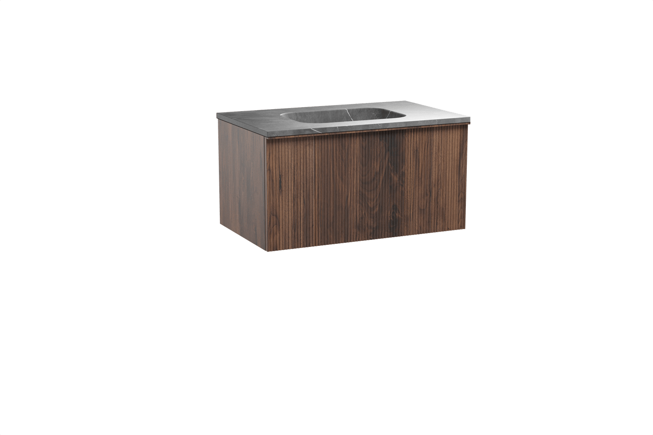 Balmani Forma zwevend badkamermeubel 90 x 55 cm amerikaanse notelaar met Tablo Arcato enkele wastafel in marmer pietra grey, Verticale symmetrische rechte ribbel