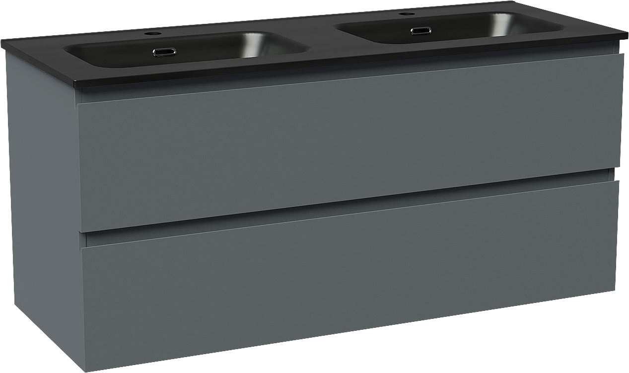 Linie Lado meuble salle de bains suspendu 120 x 46 cm bleu anthracite avec Baro double vasque en porcelaine noir mat