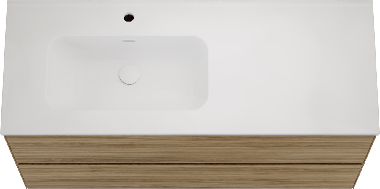 Balmani Mitra Compact zwevend badkamermeubel 120 x 46 cm wilde eik met Nostra asymmetrisch linkse wastafel in porselein mat wit