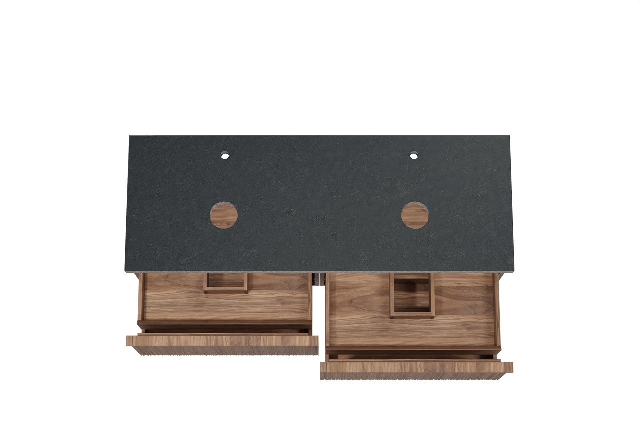 Balmani Forma zwevend badmeubel 150 x 55 cm amerikaans notenhout met Rock dubbel wastafelblad in zwart graniet, Verticale asymmetrische ronde ribbel