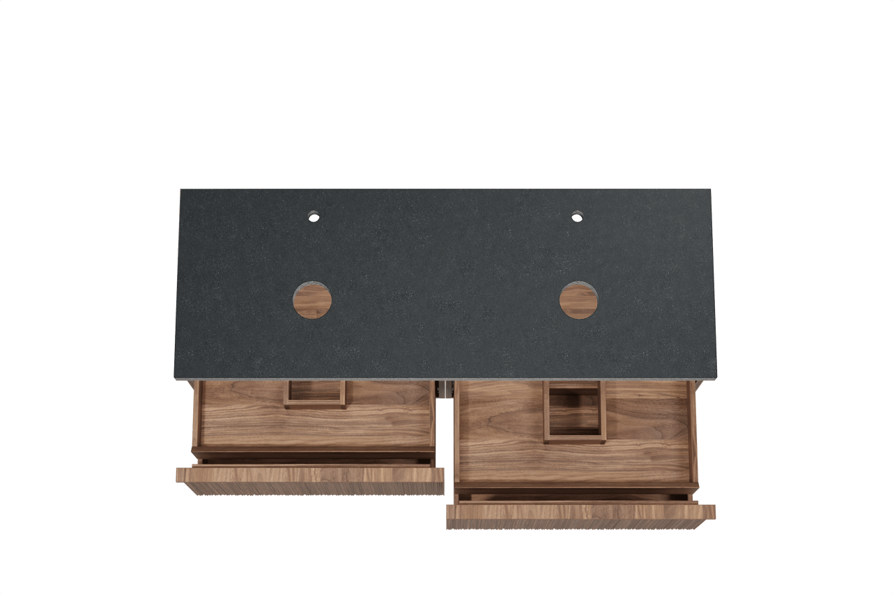 Balmani Forma meuble salle de bains suspendu 150 x 55 cm noyer américain avec Rock tablette double en granit noir, Nervure circulaire asymétrique verticale