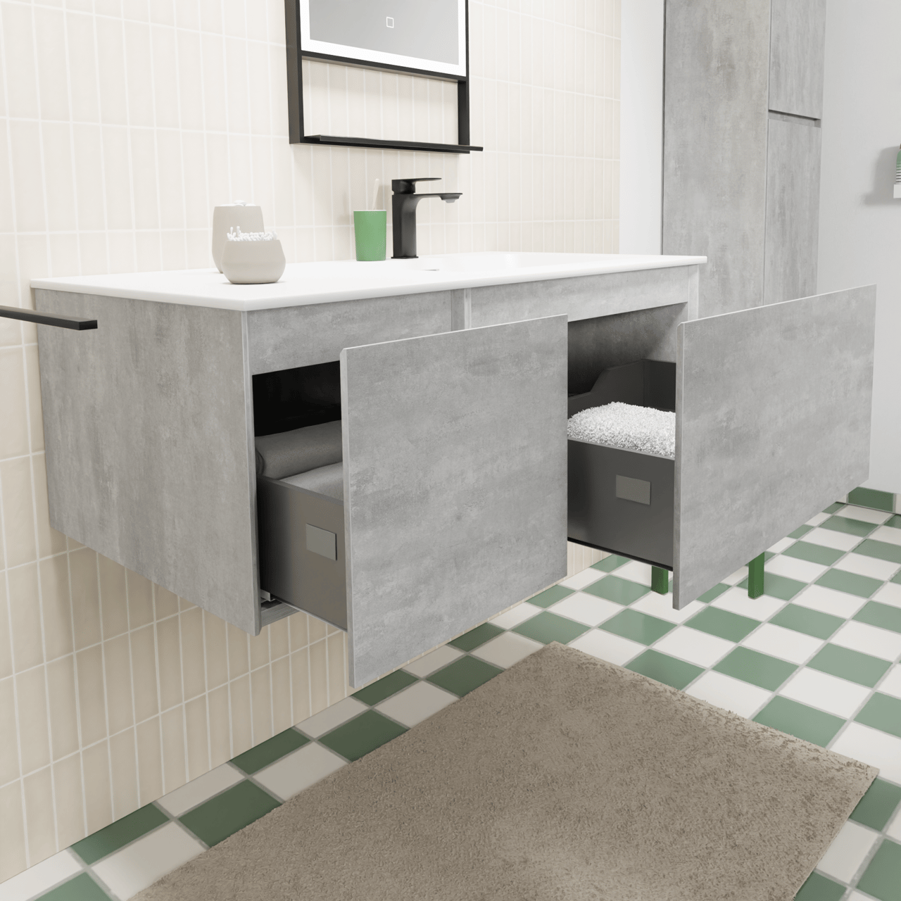 Storke Edge zwevend badkamermeubel 100 x 52 cm beton donkergrijs met Mata asymmetrisch rechtse wastafel in solid surface mat wit