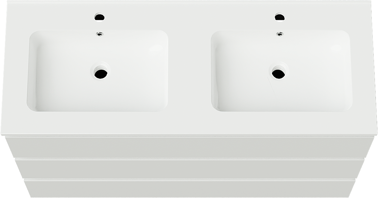 Linie Lado freistehendes Möbelstück Set: 120 x 46 cm, Weiß glänzend, mit Vano Doppelwaschtisch, Marmorkomposit Weiß glänzend