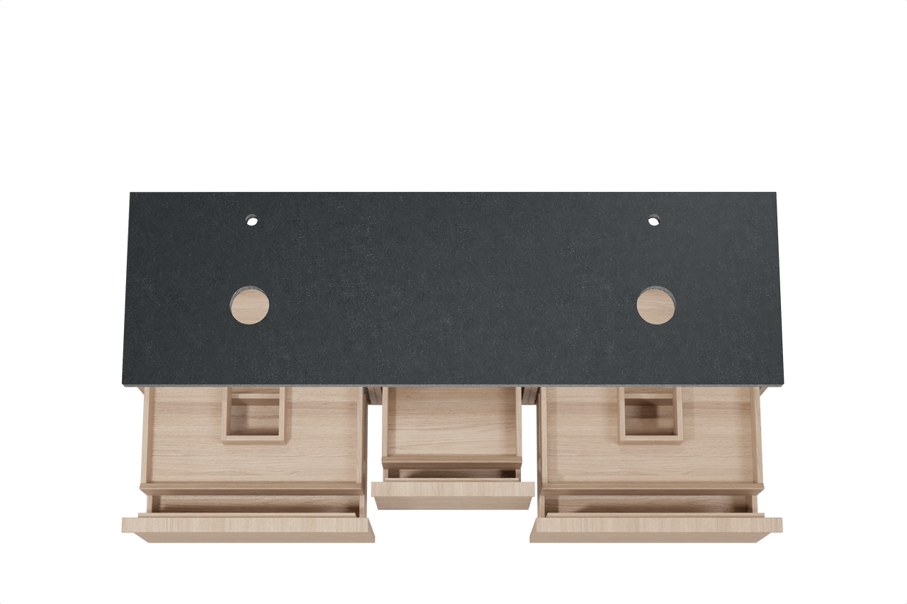 Balmani Forma hängendes Möbelstück Set: 180 x 55 cm, Naturbelassene Eiche, mit Rock Doppel Waschtischplatte, Granit, Schwarzes Granit, Horizontale symmetrische gerade Rippe