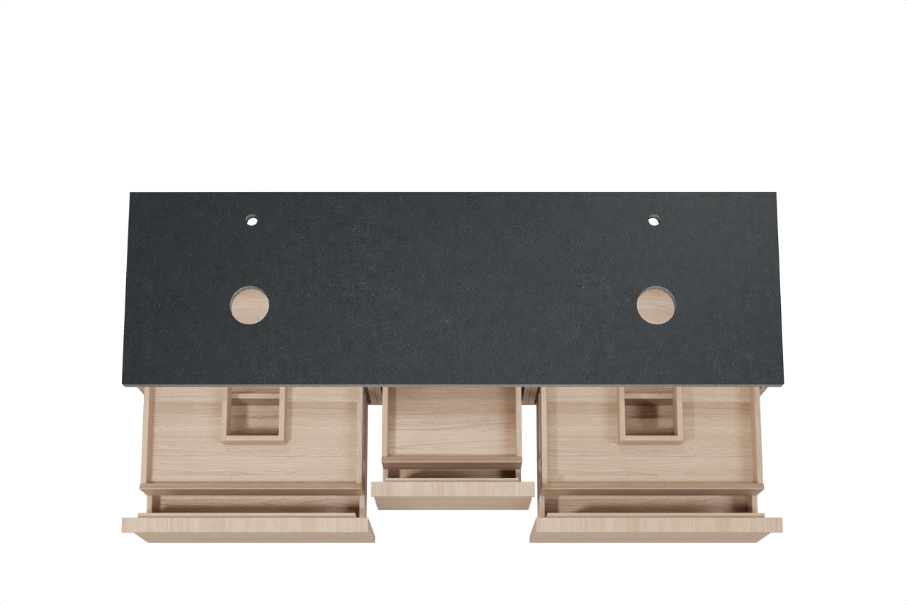 Balmani Forma hängendes Möbelstück Set: 180 x 55 cm, Naturbelassene Eiche, mit Rock Doppel Waschtischplatte, Granit, Schwarzes Granit, Horizontale symmetrische gerade Rippe
