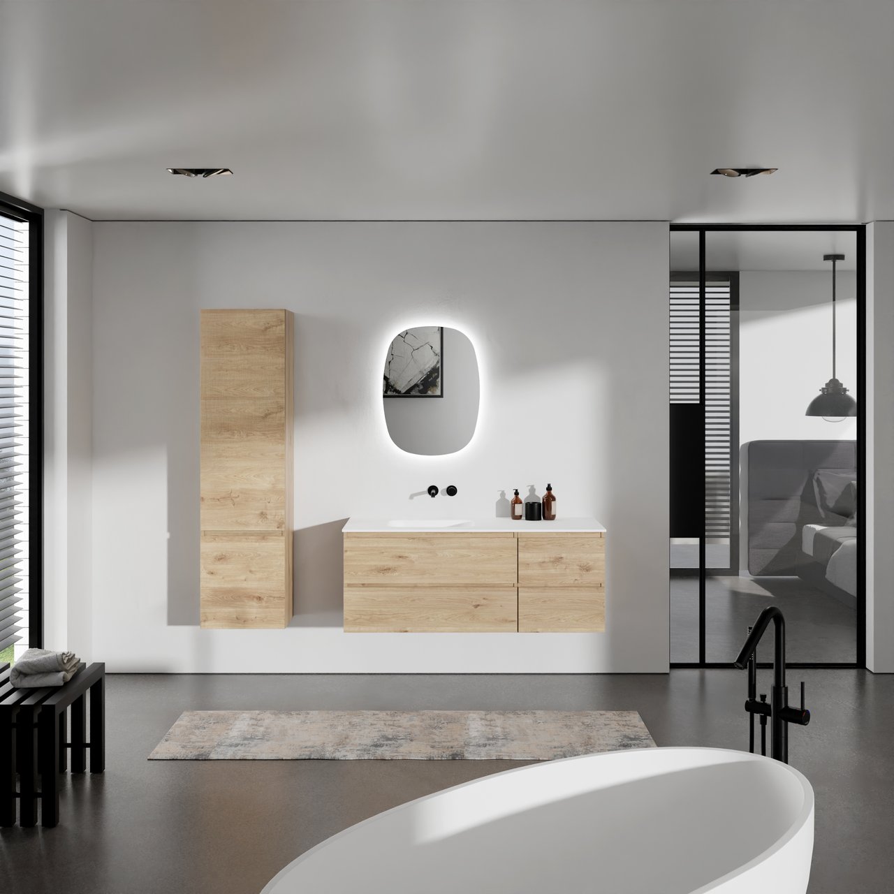 Balmani Lucida hängendes Möbelstück Set: 135 x 55 cm, Rohe Eiche, mit Tablo Arcato Waschtisch links, Solid Surface Weiß matt