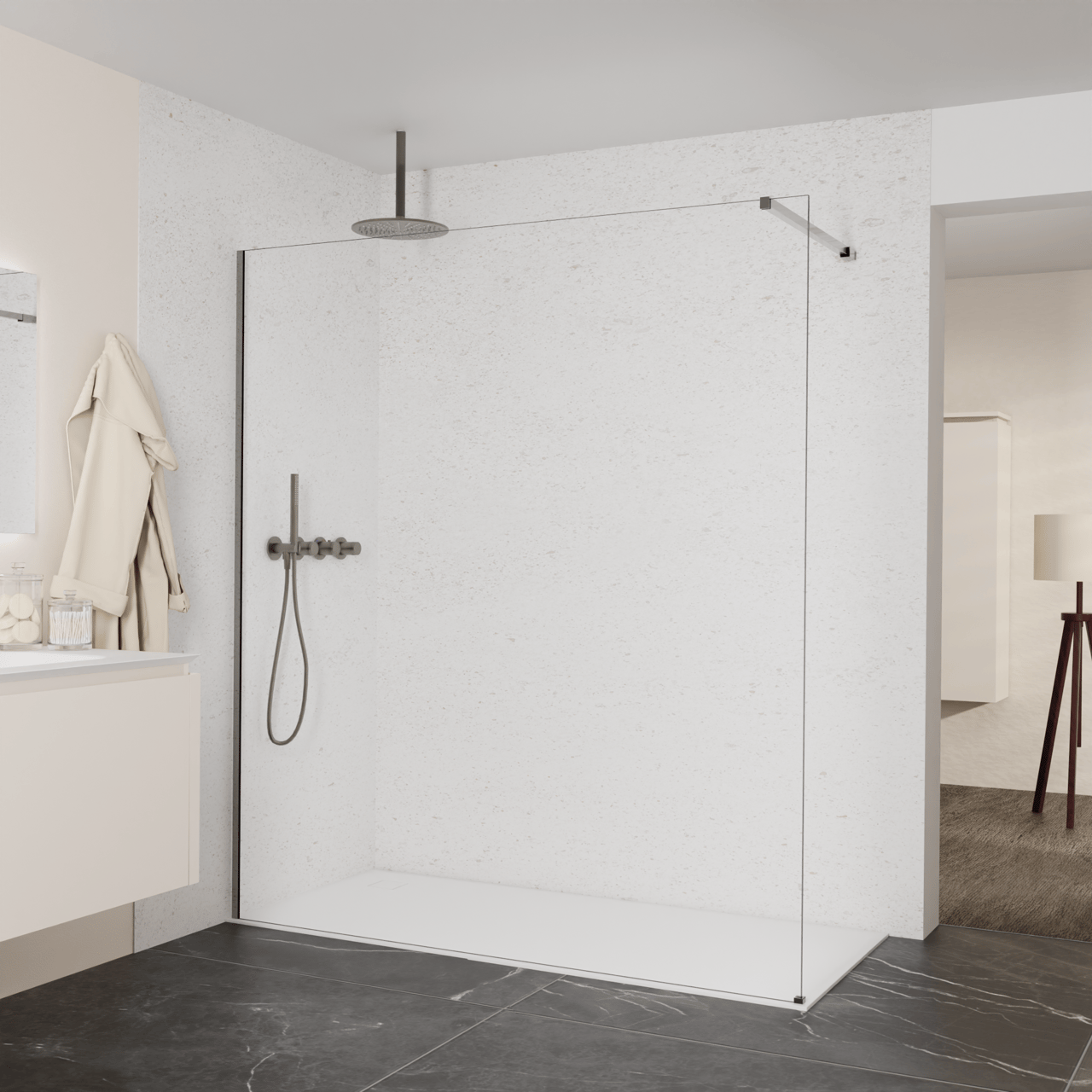 Balmani Modular Walk-In Dusche: 180 x 200 cm, Extra Klarglas, inklusive Coating, Profil Brushed GunMetal