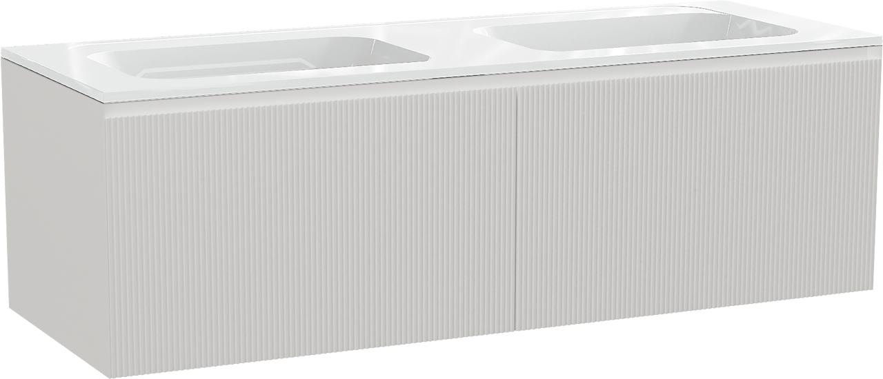 Balmani Fila meuble salle de bains suspendu 150 x 55 cm blanc mat avec Tablo Strada double vasque en marbre composite blanc brillant, Nervure droite symétrique verticale