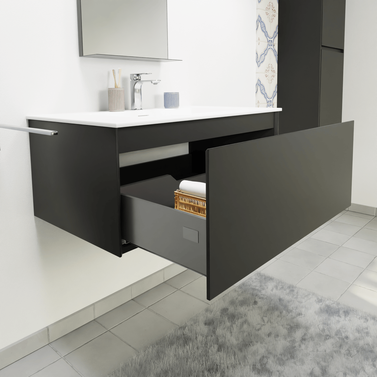 Storke Edge hängendes Möbelstück Set: 85 x 52 cm, Schwarz matt, mit Mata Einzelwaschtisch, Solid Surface Weiß matt