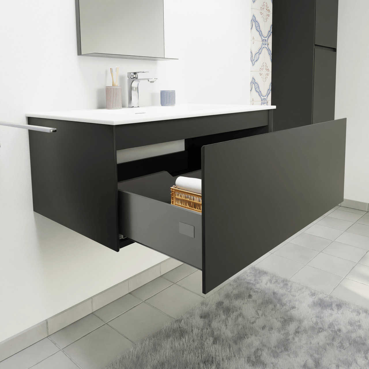 Storke Edge zwevend badmeubel 85 x 52 cm mat zwart met Mata enkele wastafel in solid surface mat wit