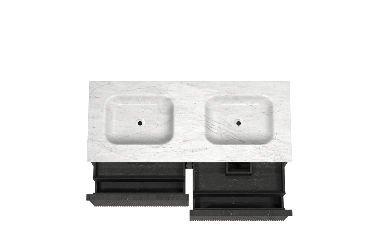 Balmani Forma meuble salle de bains suspendu 135 x 55 cm chêne noir avec Tablo Arcato double vasque en marbre carrare, Nervure droite symétrique verticale