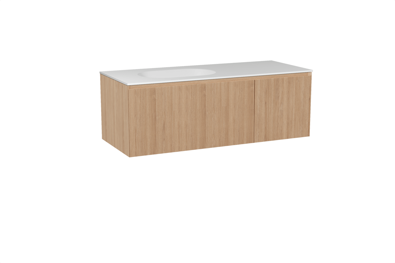 Balmani Fila meuble salle de bains suspendu 135 x 55 cm chêne naturel avec Tablo Oval vasque asymétrique gauche en solid surface blanc mat, Nervure droite symétrique verticale