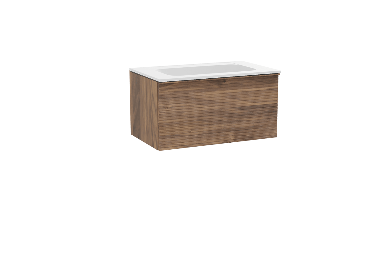 Balmani Forma hängendes Möbelstück Set: 90 x 55 cm, Amerikanischer Nussbaum, mit Tablo Strada Einzelwaschtisch, Marmorkomposit, Weiß matt, Horizontale symmetrische gerade Rippe