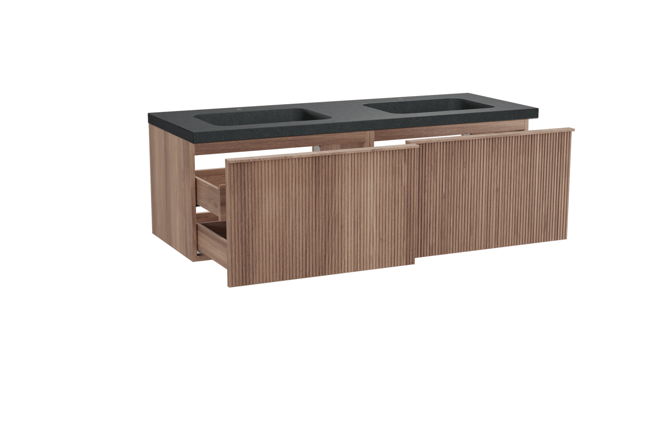 Balmani Forma hängendes Möbelstück Set: 150 x 55 cm, Teak, mit Napoli Doppelwaschtisch, Granit, Schwarzes Granit, Vertikale symmetrische gerade Rippe