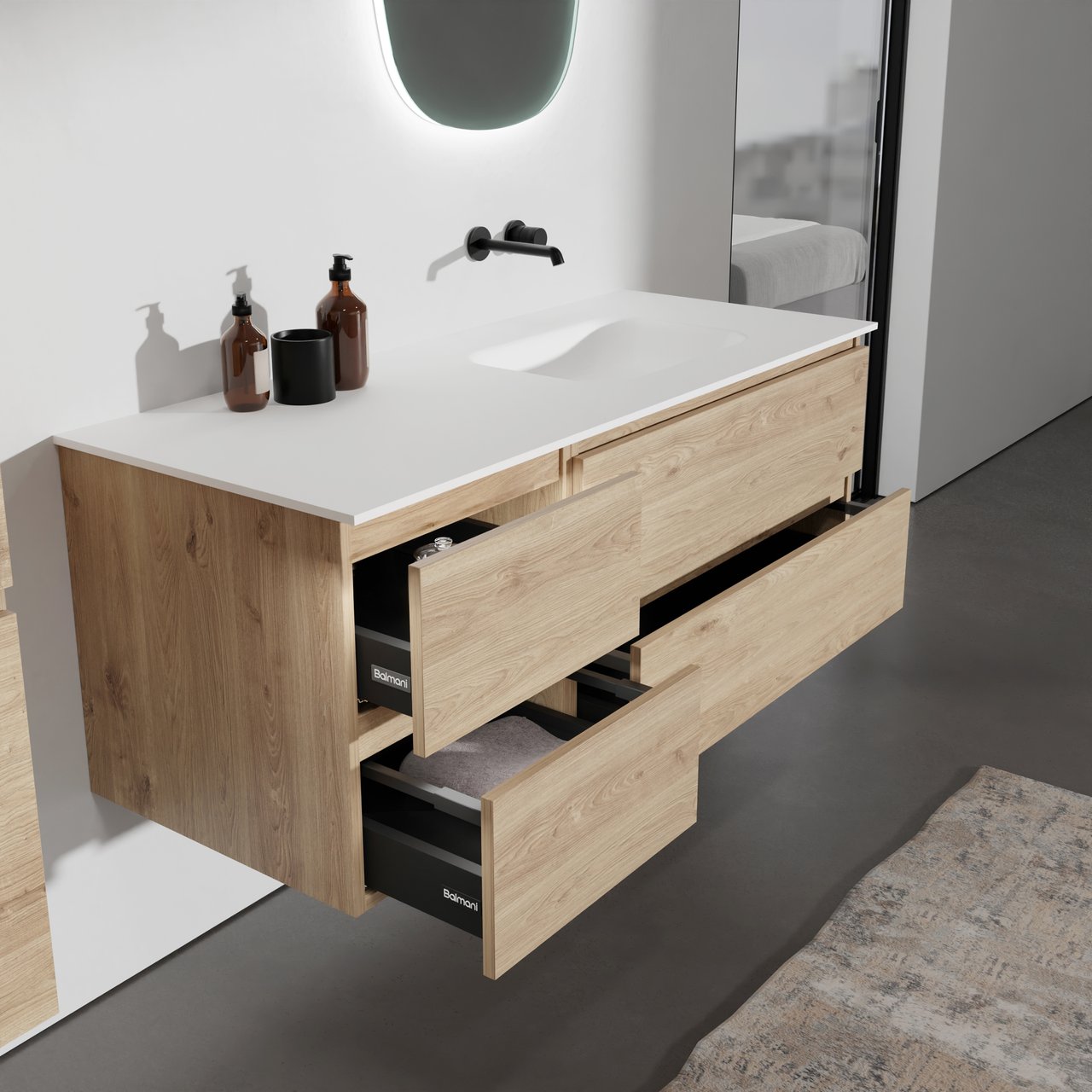 Balmani Lucida hängendes Möbelstück Set: 135 x 55 cm, Rohe Eiche, mit Tablo Arcato Waschtisch rechts, Solid Surface Weiß matt