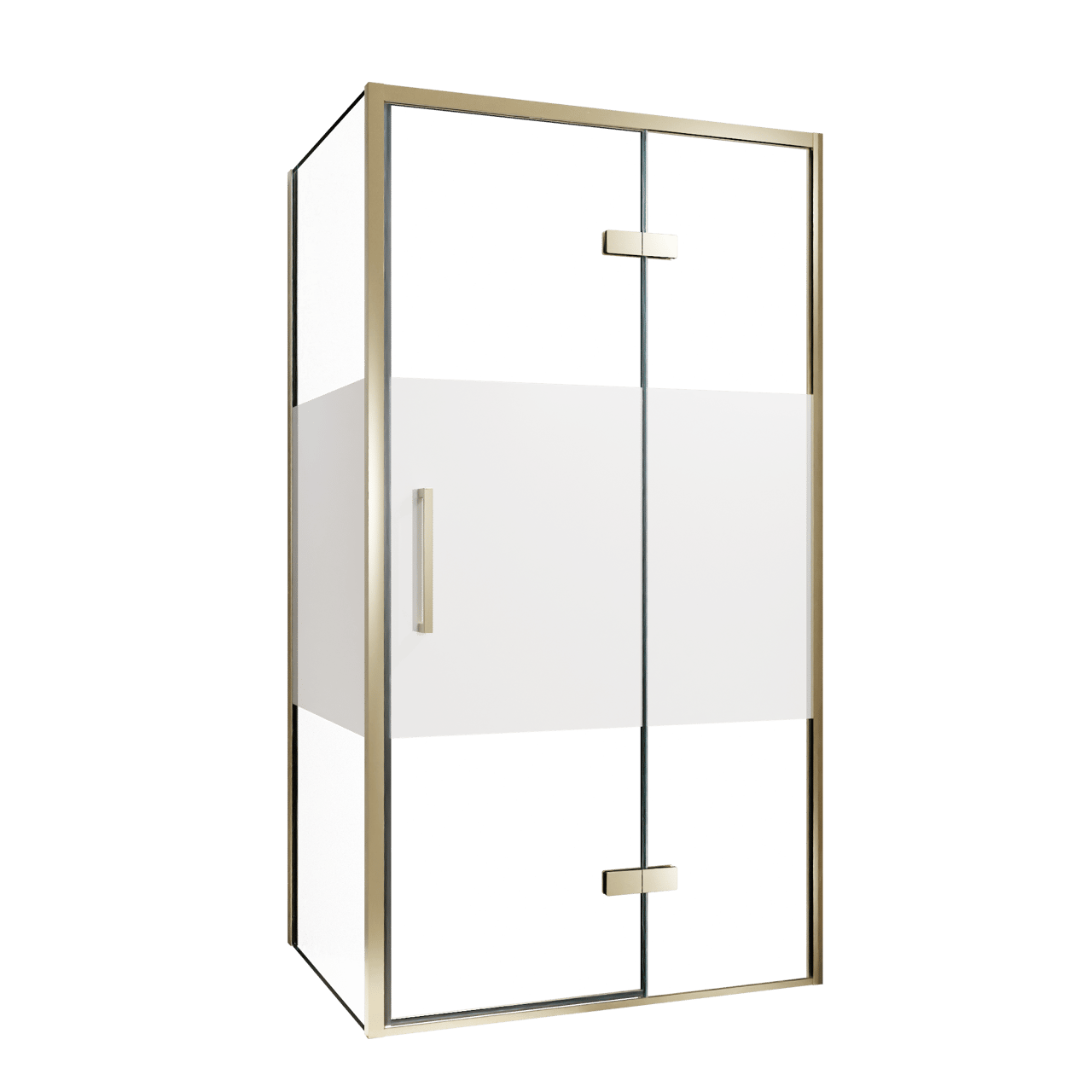 Balmani Senses Design douchecabine met rechtse draaideur en vaste zijwand, 100 x 100 cm, Helder glas met matte strook, Brushed Champagne Gold profielen