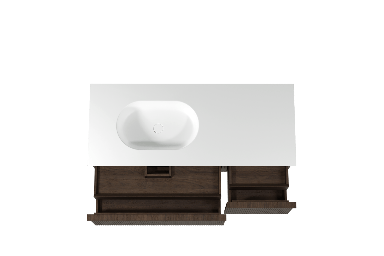 Balmani Forma hängendes Möbelstück Set: 135 x 55 cm, Geräucherte Eiche, mit Tablo Oval Waschtisch links, Solid Surface, Weiß matt, Vertikale symmetrische gerade Rippe