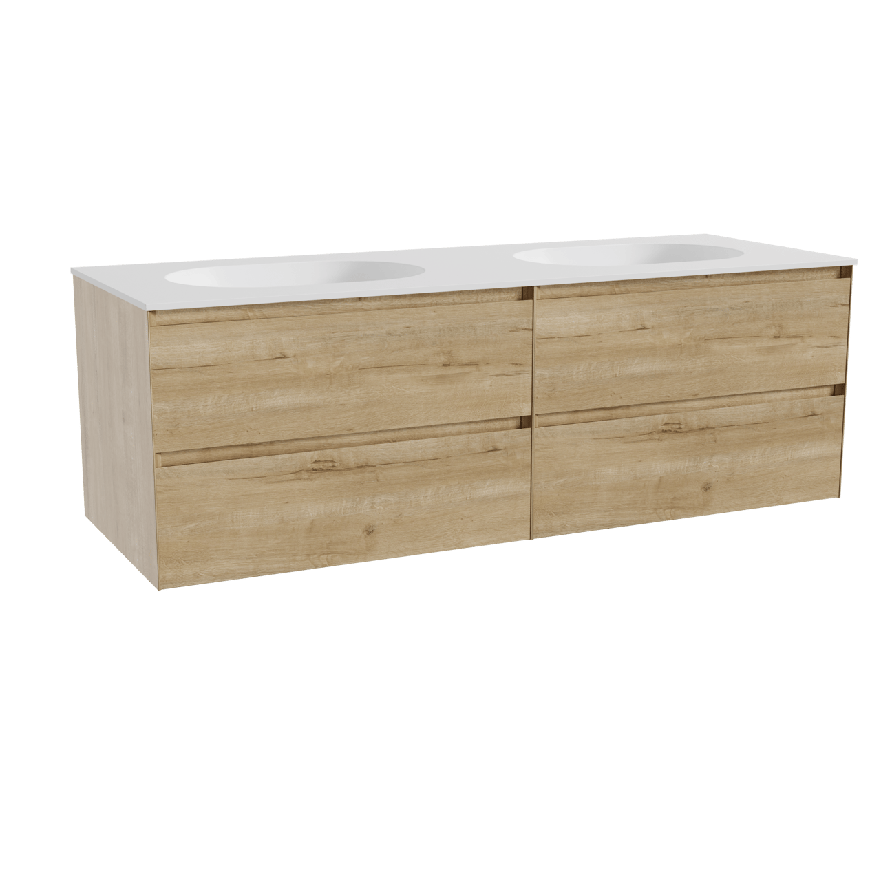 Balmani Mitra hängendes Möbelstück Set: 150 x 55 cm, Rohe Eiche, mit Tablo Oval Doppelwaschtisch, Solid Surface Weiß matt