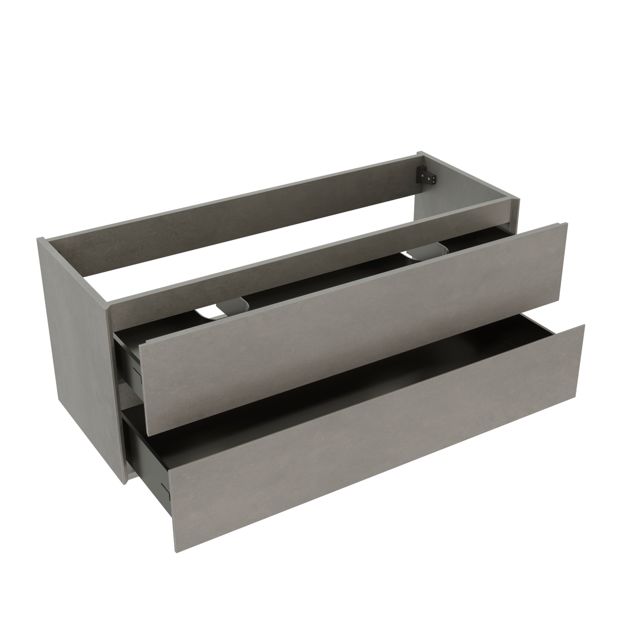 Storke Edge hängender Waschbeckenunterschrank: 120 x 46 cm, Beton dunkelgrau, 2 Schubladen, 2 Siphonaussparungen