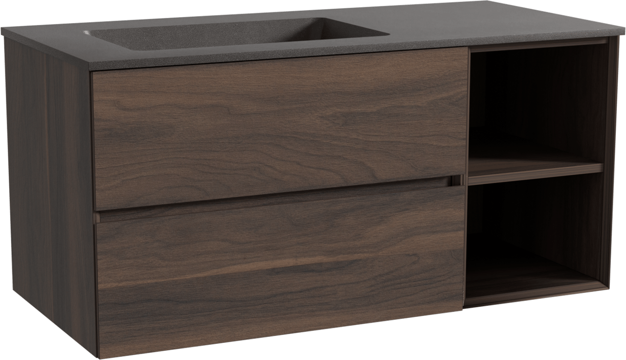 Storke Edge zwevend badkamermeubel 110 x 52 cm notelaar met Scuro asymmetrisch linkse wastafel in kwarts mat zwart