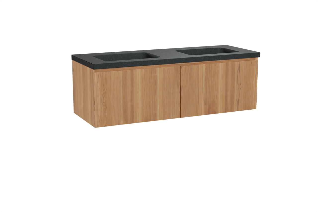Balmani Idra zwevend badkamermeubel 150 x 55 cm teak met Napoli dubbele wastafel in graniet zwart