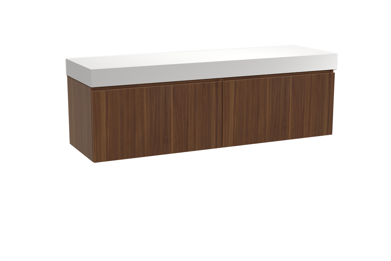 Balmani Sfera hängendes Möbelstück Set: 180 x 55 cm, Amerikanischer Nussbaum, mit Dominus Einzel- oder Doppel Waschtischplatte, Solid Surface Weiß matt