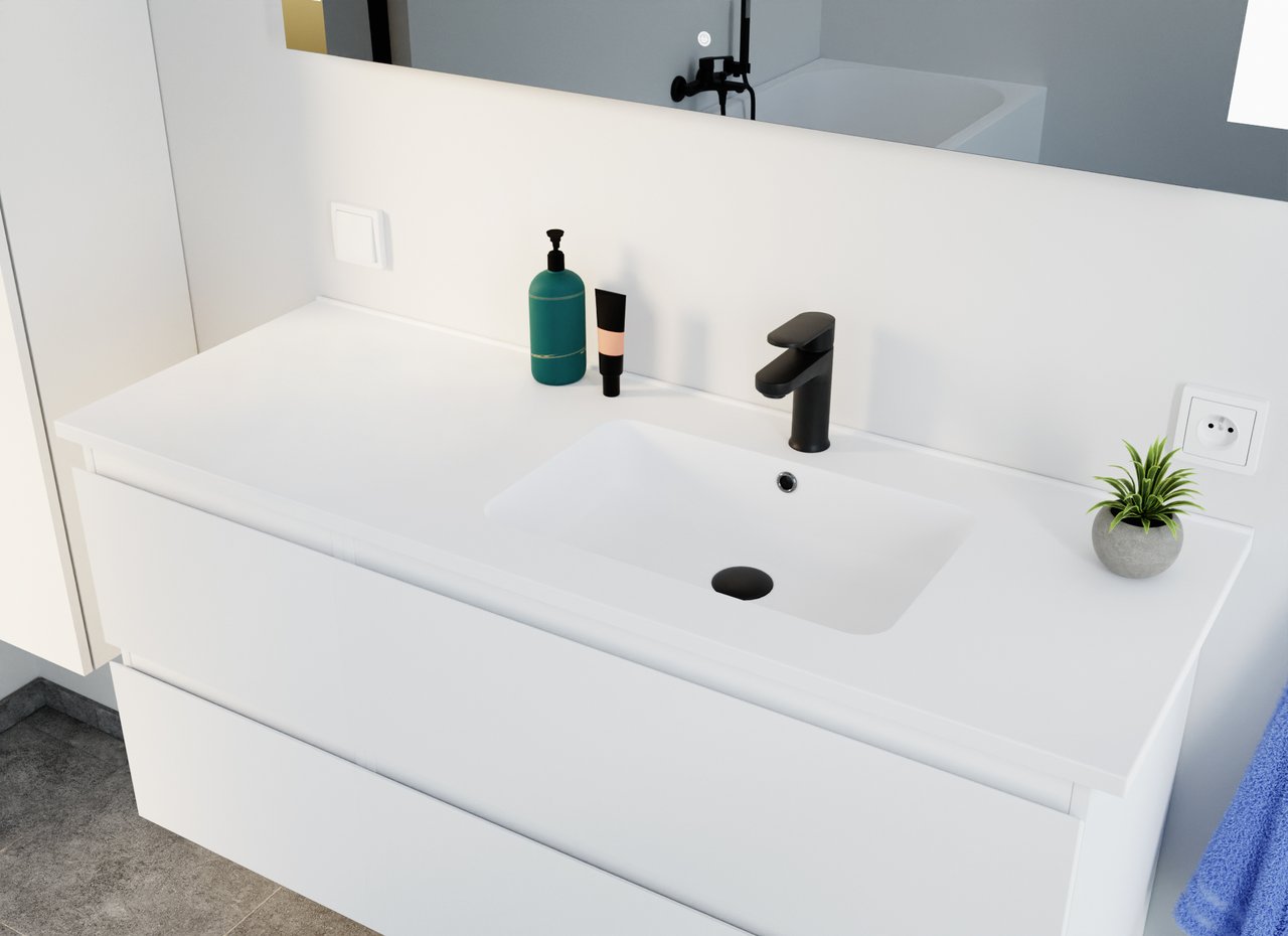 Linie Lado hängender Waschbeckenunterschrank: 40 x 46 cm, Weiß matt, 2 Schubladen