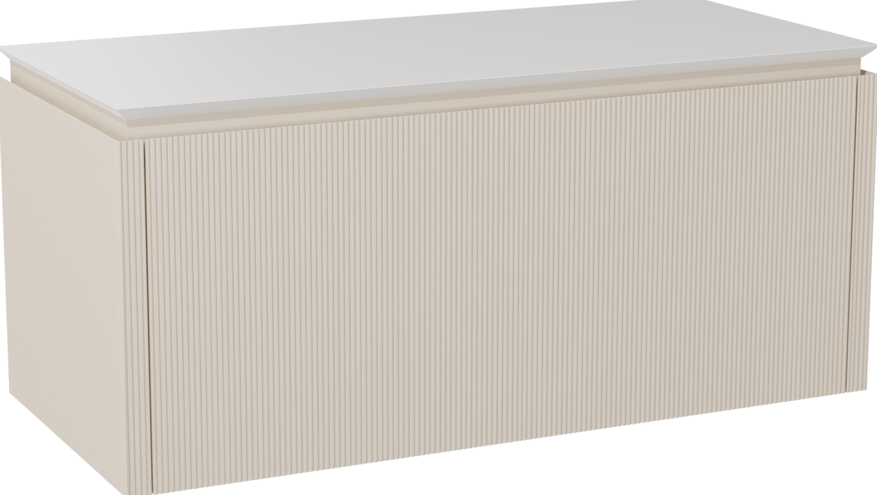 Balmani Eclips zwevend badmeubel 120 x 55 cm Sandbeige met Eclips enkel of dubbel wastafelblad in Solid Surface mat wit, Verticale symmetrische rechte ribbel