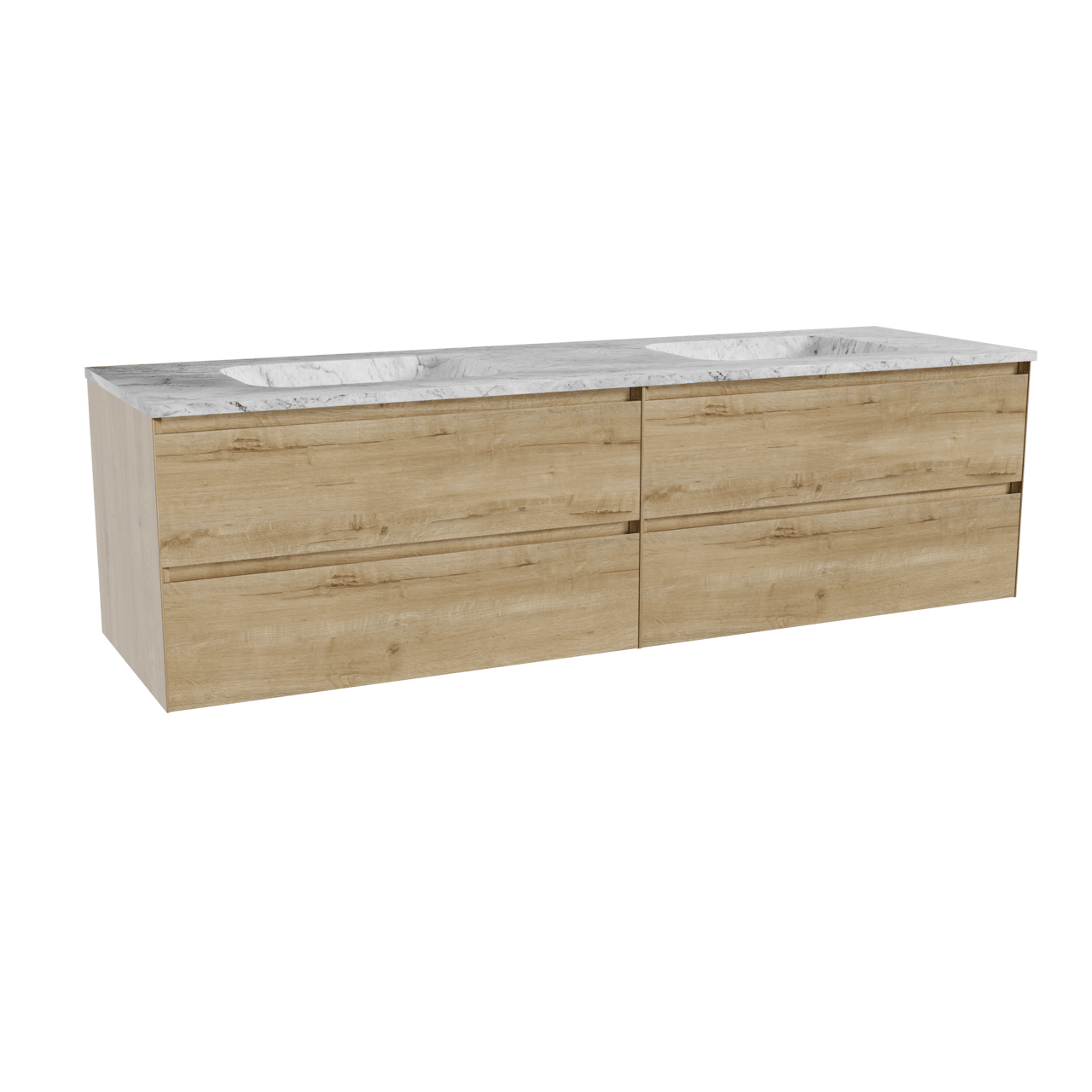 Balmani Mitra hängendes Möbelstück Set: 180 x 55 cm, Rohe Eiche, mit Tablo Arcato Doppelwaschtisch, Marmor Carrara