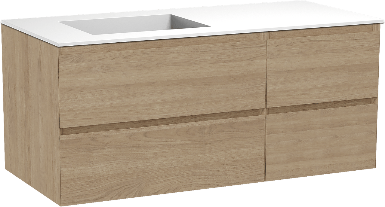 Balmani Mitra hängendes Möbelstück Set: 120 x 55 cm, Naturbelassene Eiche, mit Tablo Stretto Waschtisch links, Solid Surface Weiß matt