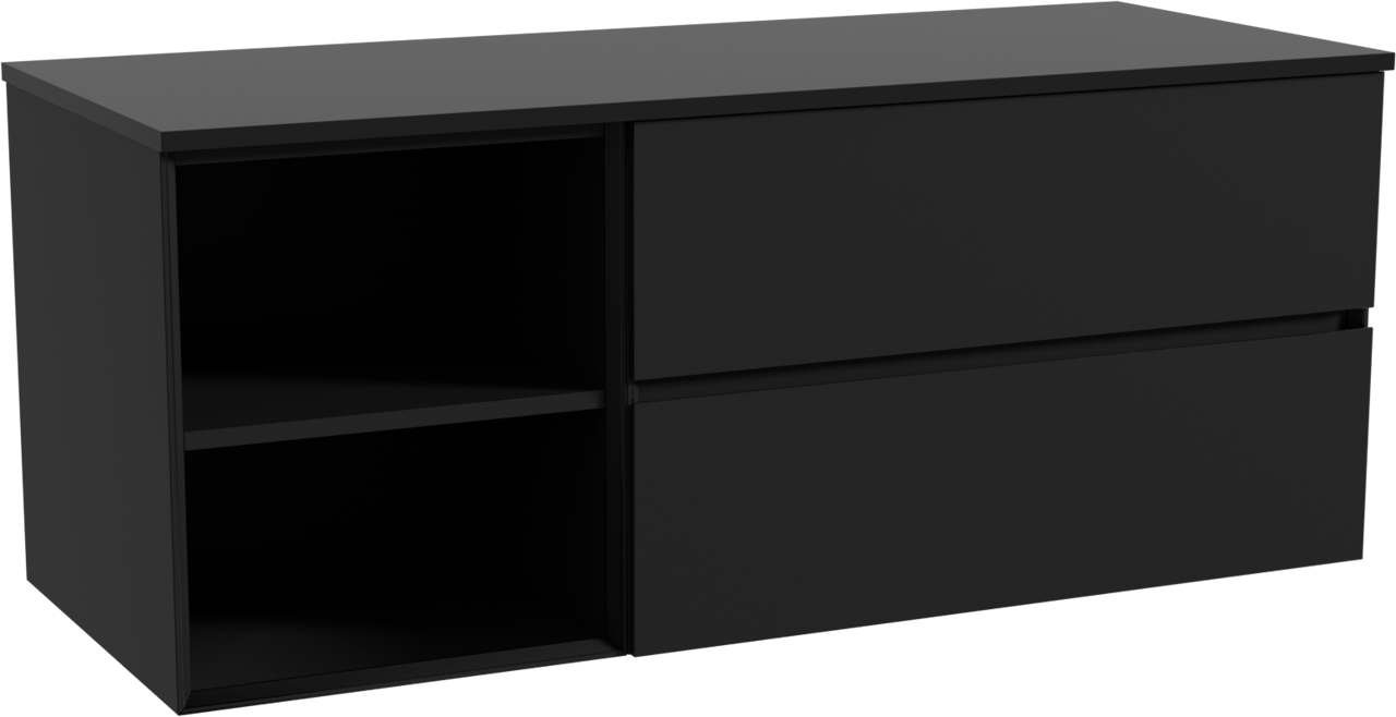 Storke Edge zwevend badkamermeubel 130 x 52 cm mat zwart met Panton enkel of dubbel tablet in gepoedercoate mdf mat zwart