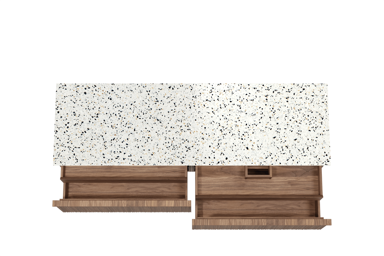 Balmani Forma zwevend badkamermeubel 180 x 55 cm amerikaanse notelaar met Stretto enkel of dubbel tablet in mat wit/zwart terrazzo, Verticale asymmetrische ronde ribbel