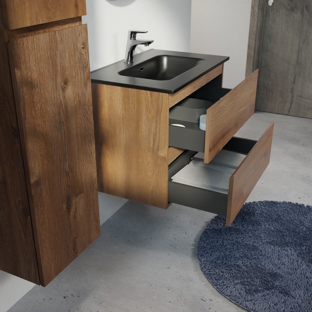 Linie Lado meuble salle de bains suspendu 70 x 46 cm chêne brun avec Baro plan simple en porcelaine noir mat