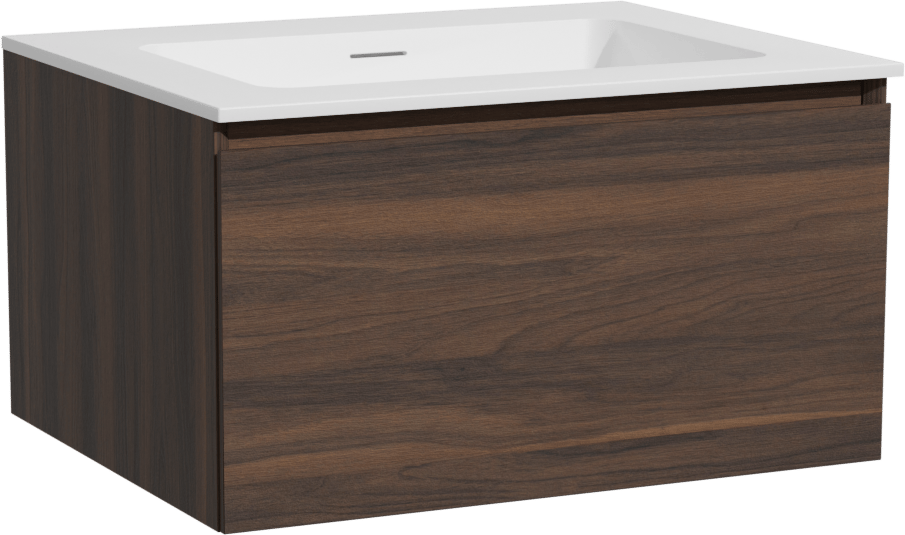 Storke Edge zwevend badmeubel 65 x 52 cm notenhout met Mata enkele wastafel in solid surface mat wit