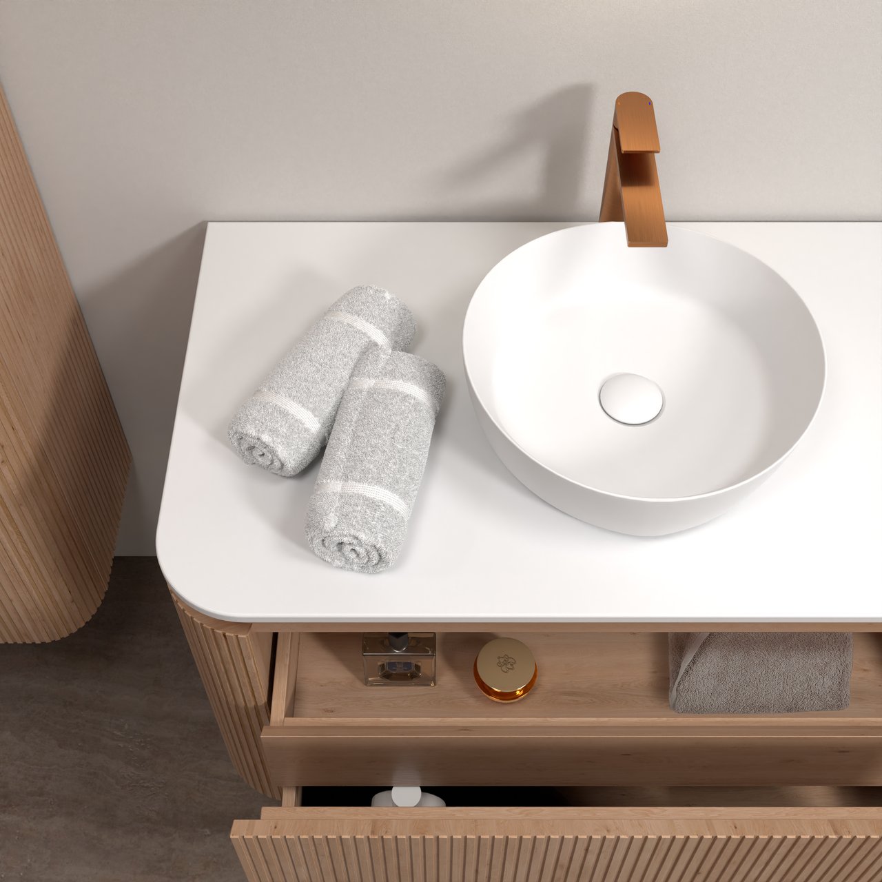 Balmani Moon hängendes Möbelstück Set: 160 x 55 cm, Naturbelassene Eiche, mit Moon Einzel- oder Doppel Waschtischplatte, Solid Surface, Weiß matt, Vertikale symmetrische gerade Rippe