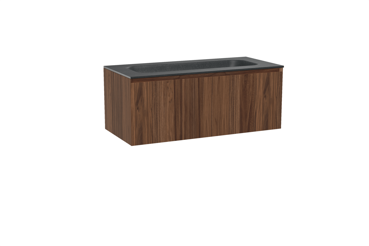 Balmani Idra hängendes Möbelstück Set: 120 x 55 cm, Nussbaum, mit Tablo Arcato Einzelwaschtisch für 2 Armaturenlöcher, Schwarzes Granit