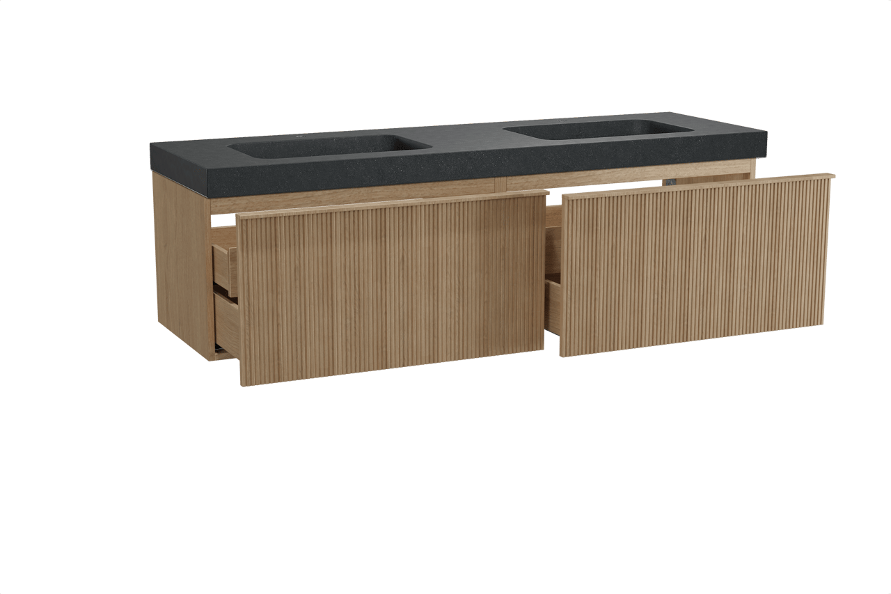 Balmani Forma zwevend badkamermeubel 180 x 55 cm natuur eik met Napoli dubbele wastafel in graniet zwart, Verticale symmetrische rechte ribbel