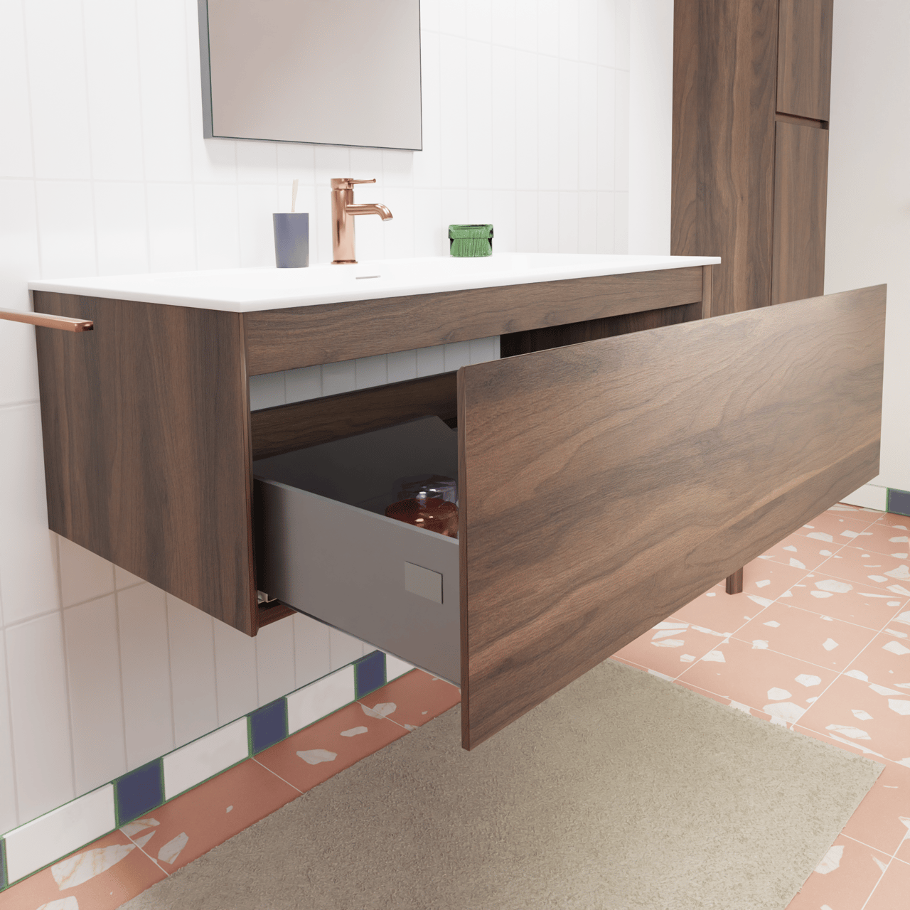 Storke Edge zwevend badkamermeubel 105 x 52 cm notelaar met Mata enkele wastafel voor 2 kraangaten in solid surface mat wit