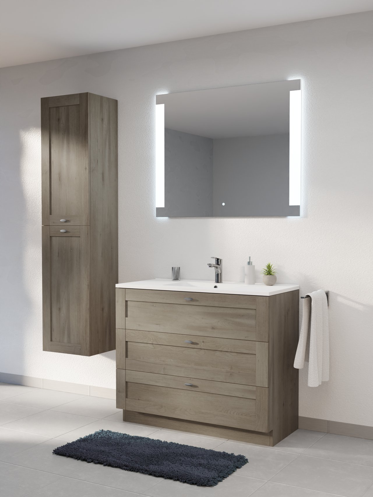 Linie Classo staand badmeubel 100 x 46 cm grijs eiken met Vano enkele wastafel in composietmarmer hoogglans wit