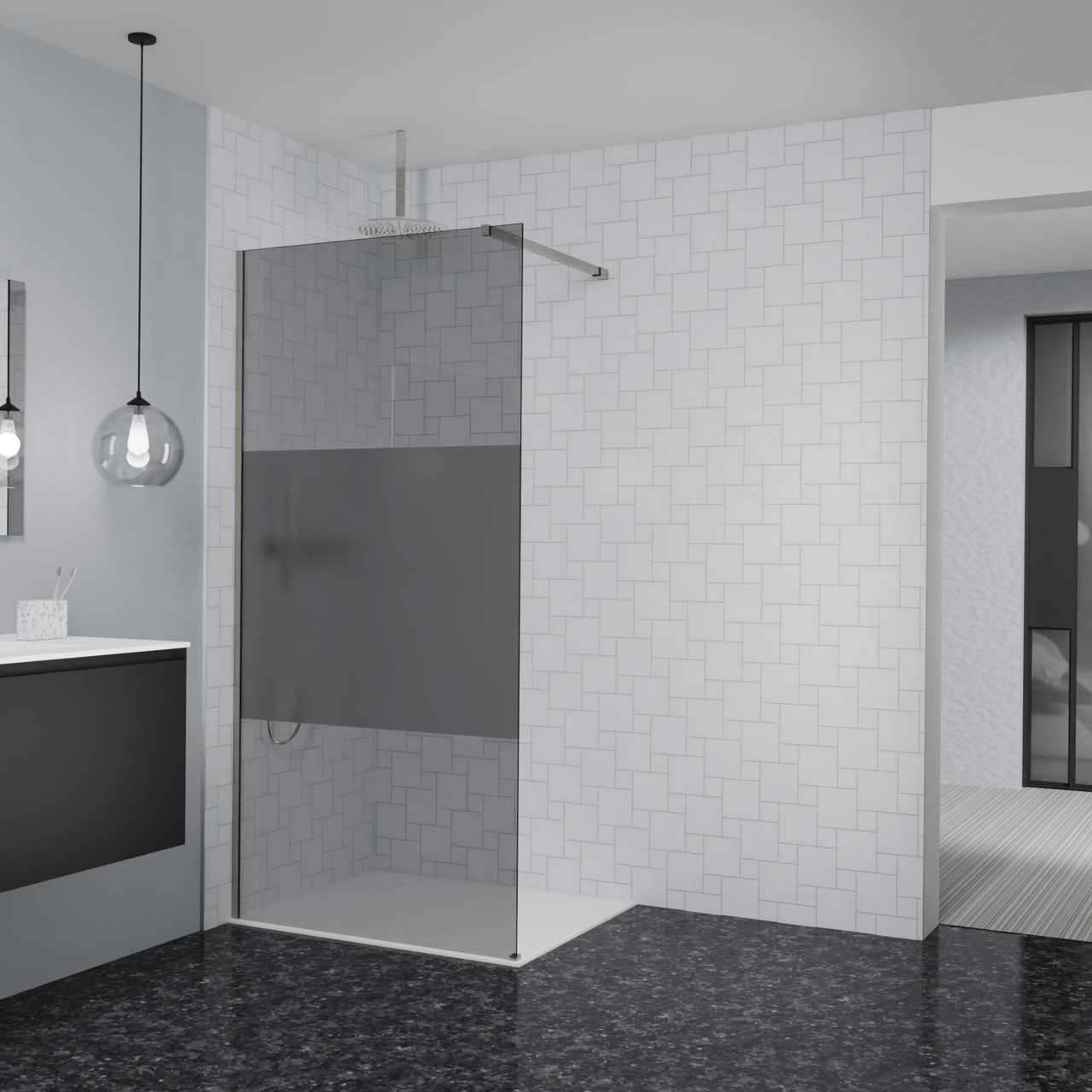 Balmani Modular douche à l'italienne: 100 x 200 cm, Verre fumé avec bande matte, avec coating, Profil Brushed CoolMetal